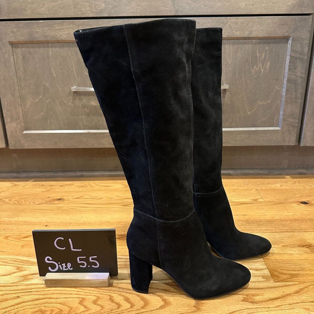 Womens Chinese Laundry Krafty Black Suede Knee High Heeled Boots Size 5.5 M EUC